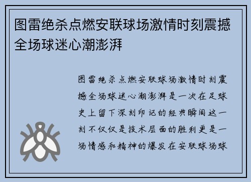图雷绝杀点燃安联球场激情时刻震撼全场球迷心潮澎湃